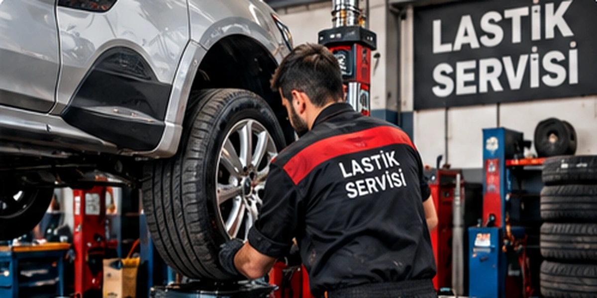 Türkiye’de oto lastik servisinde otomobil lastiği üzerinde çalışan usta