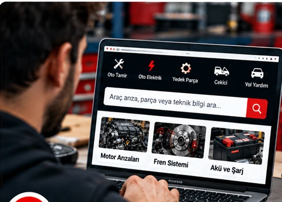 Bilgisayarda otomobil arızası ve teknik parça bilgilerini araştıran kullanıcı