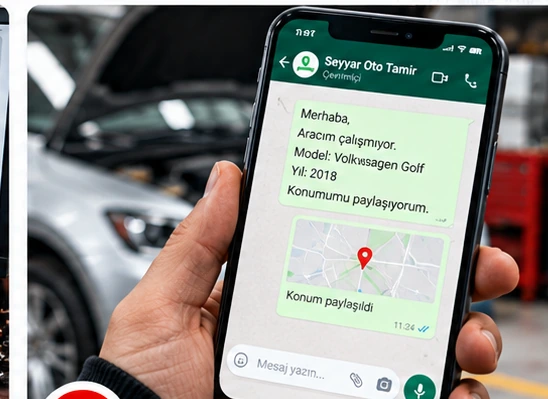 Cep telefonundan otomotiv hizmeti ve yedek parça talebi mesajı oluşturan kullanıcı